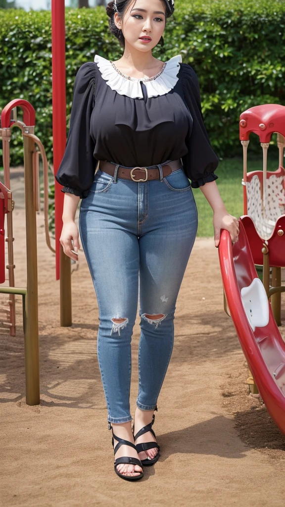 1woman,fullbody,(masterpiece:1.5),photo-realistic,16k,(beautiful 40s japanese plump lady:1.4),(playground,bushes:1.6),(frilled blouse:1.5),(jeans:1.3),(sandals:1.5),(handing on wetting crotch with both hands:1.4),(whimpering:1.3),(panicking:1.3),(crying:1.3),(wetting:1.7),(dripping pee:1.4),brown straight medium hair,black eyes,makeup,lipstick,eyeliner,mascara,eyeshadow