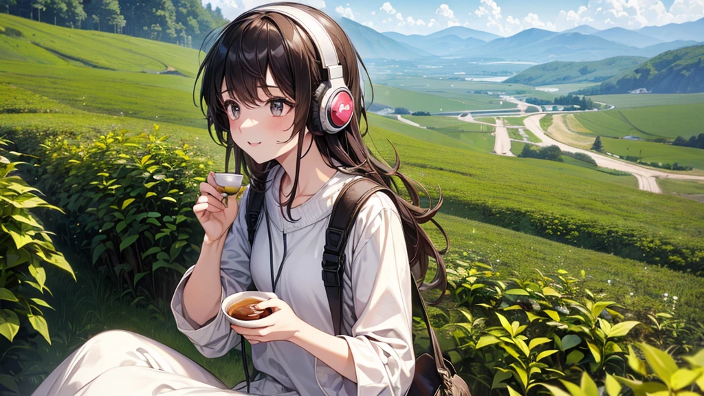 ((Highest quality、High resolution)),(Enjoying tea in the vast natural surroundings),(Woman wearing headphones),20-year-old,cute