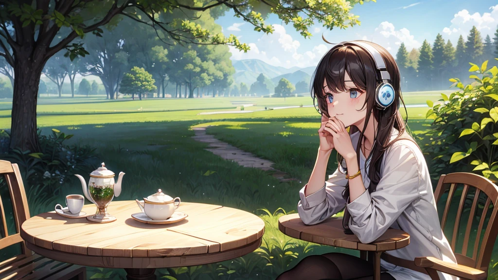 ((Highest quality、High resolution)),(Enjoying tea in the vast natural surroundings),(Woman wearing headphones),20-year-old,cute