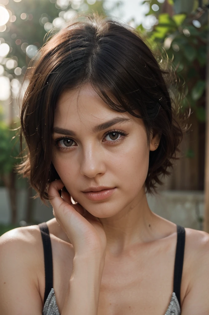 (masterpiece: 1.3), (8K, Realistic, RAW Photos, Highest quality: 1.4), (Woman in her 40s),Put your hand on your cheek, Shallow depth of field, Focus on the face, Soft Focus, Beautiful Face, (Backlight: 1.5), (Surroundings: 1.3), (Realistic Face), (Black Hair, Medium Short: 1.3),Hair blowing in the wind, Short bangs, Realistic eyes, Dark brown pupils, Pupil highlights, Beautiful details in the eyes, (Realistic Skin), Beautiful Skin, Pose with your hands on your face,  Charm, 超High resolution, Ultra-realistic, High resolution, Golden Ratio,Nasolabial folds