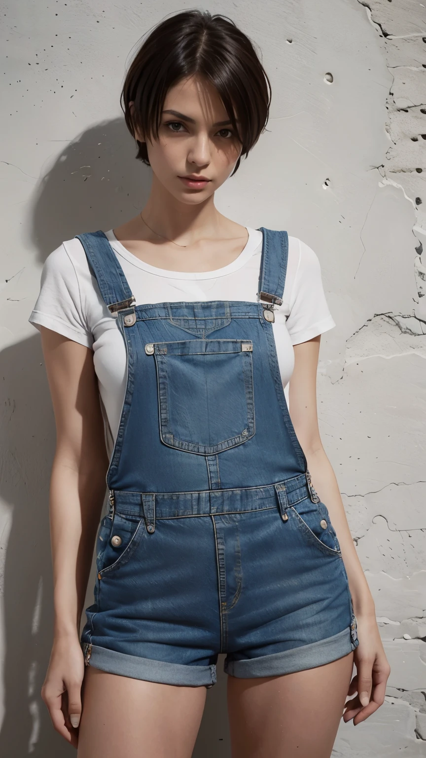 Incredibly beautiful woman with a (short denim dungarees) and width of straps. Exposed legs, very short dungarees, short tight white top underneath. very realistic, thin woman, slender legs, tanned skin. short hair tousled by the wind. high quality and high contrast.