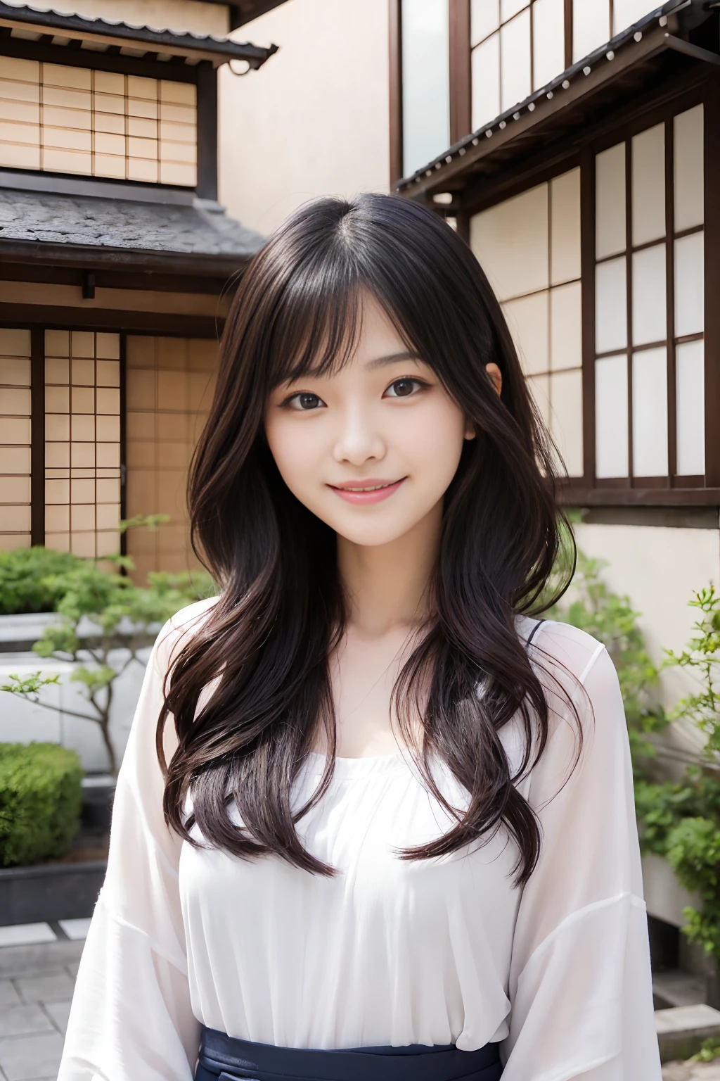 「Beautiful Japanese woman in her early 20edium-long, lightly wavy black hair style。A kind smile。She&#39;s wearing a tight dress、A fitted top that accentuates large breasts、A tight skirt that accentuates the thighs and buttocks。Wear a thin white cardigan、She is wearing a small necklace and earrings。With clear skin、Photorealistic but with a touch of anime。Night city background、A date scene in front of a cafe or restaurant with shining illuminations。With a small handbag in her hand、Talking while walking。In a romantic atmosphere、Background with hazy light effect。Poses and angles that emphasize the female curves。」