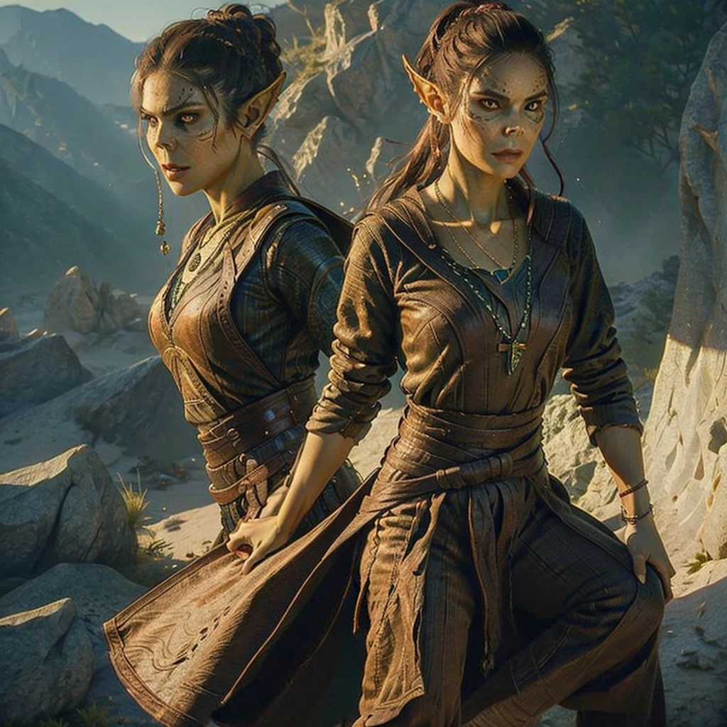1girl, green tone, pointy ears, voldemort nose, necklace, hair bun, showing off her butt to the camera, wearing brown pants, (masterpiece, best quality), (((solo))), ultra-detailed, cinematic lighting, highly detailed face, detailed clothing folds, photorealistic, vibrant colors, smooth shading, sharp focus