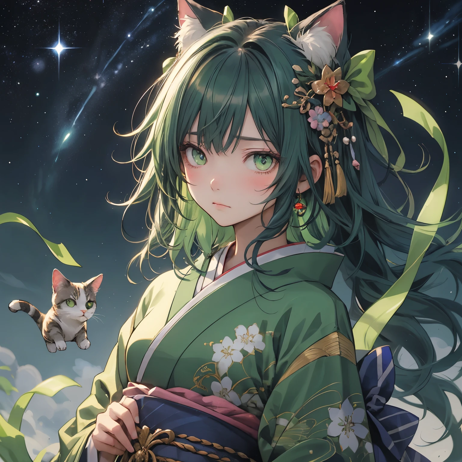 (masterpiece), Highest quality, Ultra-high resolution,Cat with green ribbon、Green Hair、Green Eyes、Green clothes、(princess:1.3)、(織princessの羽衣:1.3)、Tanabata、(milky way:1.3)、Gorgeous kimono、Hakama、Sad expression、Wish
