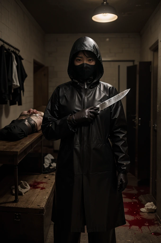 korean girl, (behind corpse, surgical mask), multiple girls, holding knife, stabbing, black raincoat, leather gloves, hood up, room full of blood, black wet suit, holding knife, leather gloves, behind corpse, blood splatter, short hair, night, mass murderer, robbery, in the house, dark atmosphere, cinematic lighting, atmospheric realistic,