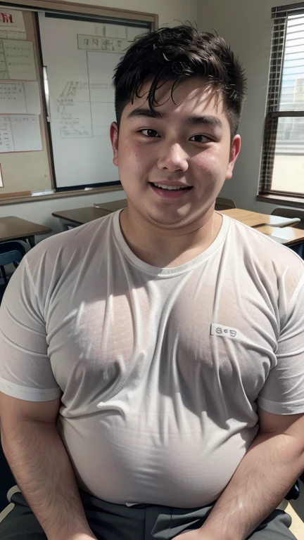 high quality,ultra detailed,best quality,Fat man,18 years old,detailed face,A white shirt that is see-through with sweat,school uniform,classroom,sitting on desk,full body,Sweaty,chubby,fat,smile,hands on own chest,wet skin,japanese,