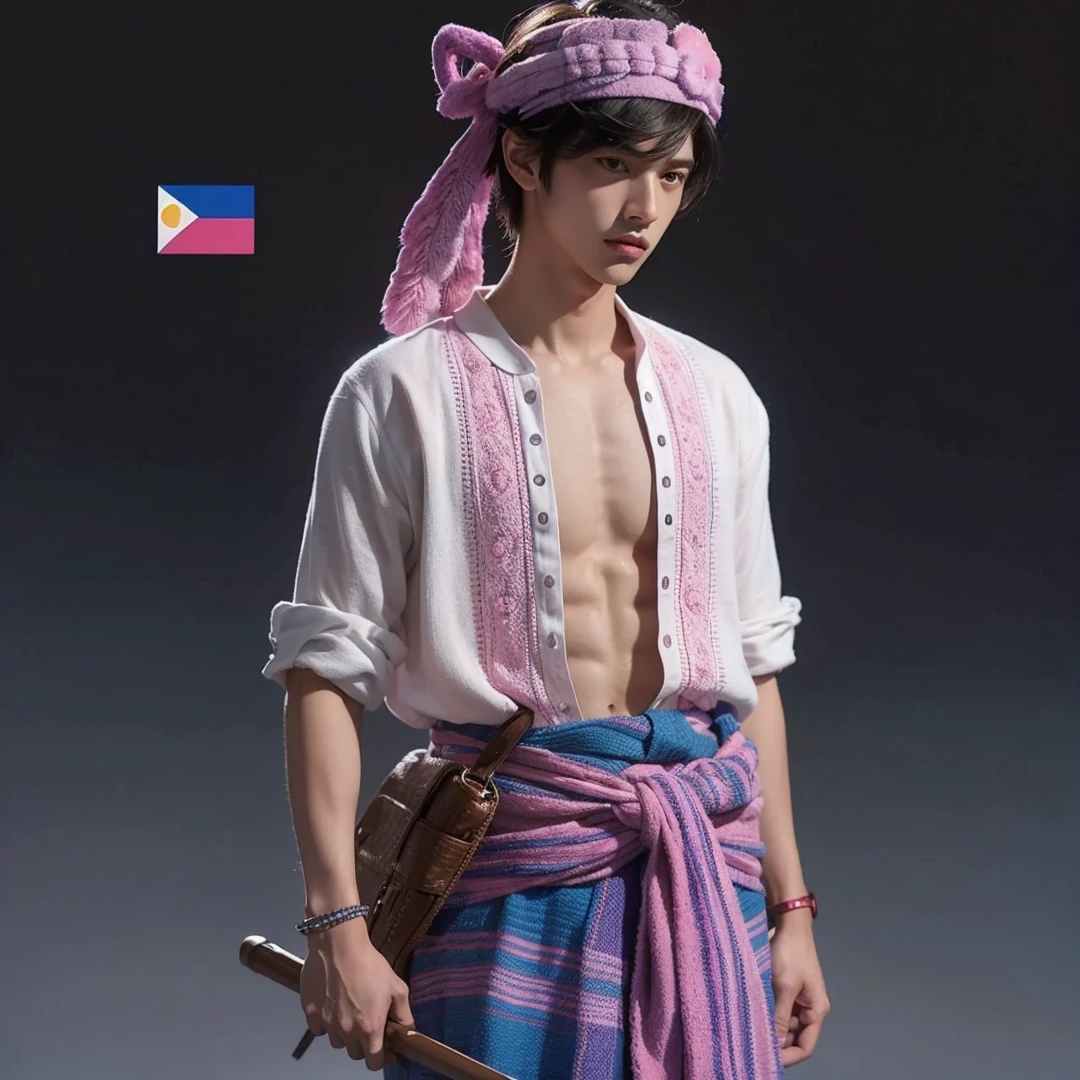 Handsome boy, black hair, brown eyes, blue and pink headdress, white pink and purple polo