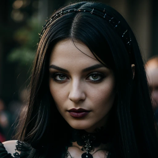 1 woman, European face, European eyes, pretty face, 30 years old, age 30, black long hair, black, green eyes, gothic style, wearing a long black dress, ultra detailed face, hyperrealistic, realistic representation, full body view, gothic style, dancing at a gothic festival