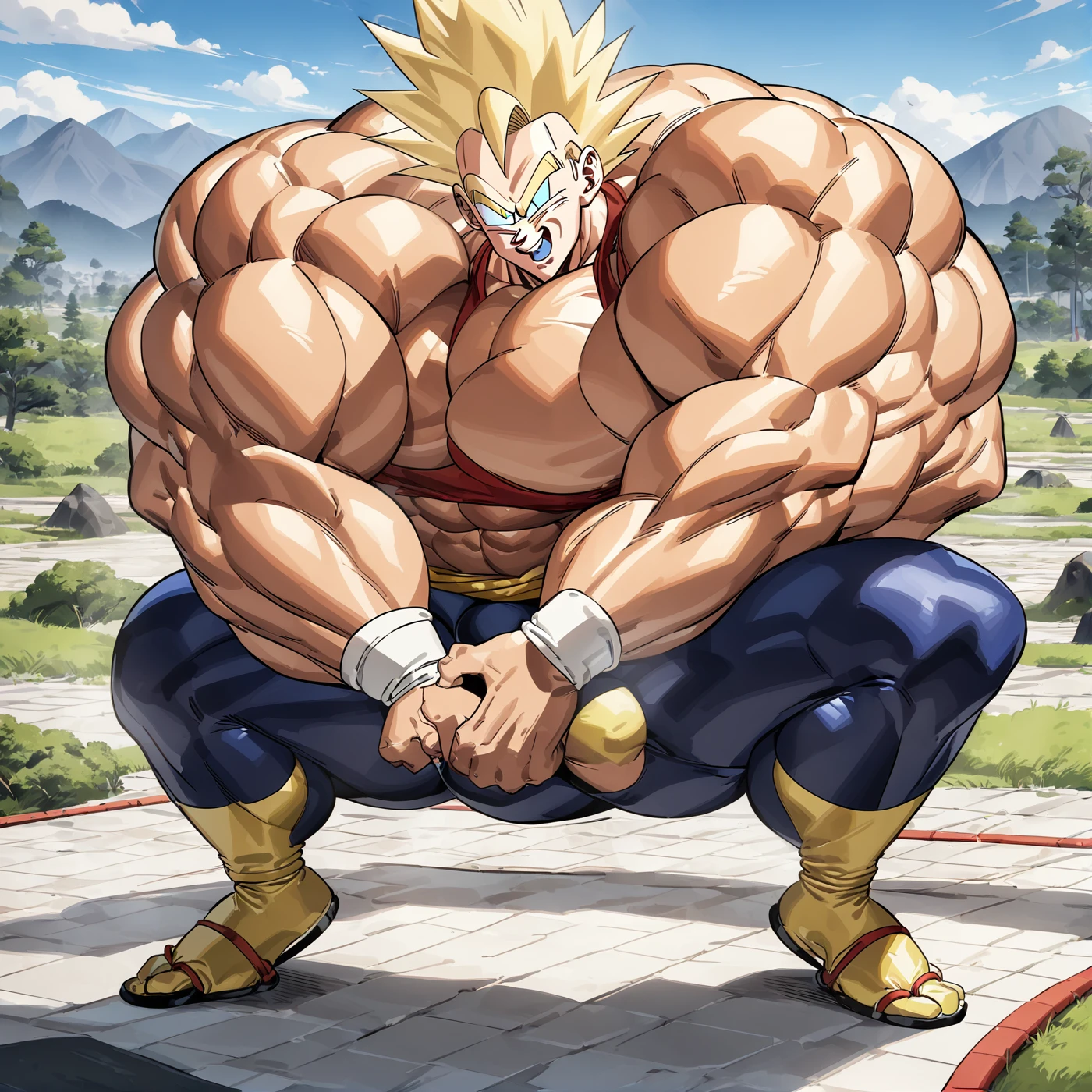 1boy, Vegeta, from Dragon Ball Z, saiyan, (yellow hair:2), spiked hair, green eyes, (blue skintight pants:1.8), white gloves, white boots with brown tips, good posture, shirtless, nipples, abs, sumo squat, powering up stance, (huge muscles:2.8), huge pectorals, yellow aura, electricity, (dragonballartstyle:1.5), (in the style of Akira Toriyama:1.5), white tiled floor, outdoors, flat-top mountains in the background, Extreme Wide Shot, masterpiece, best quality, very aesthetic, absurdres, day light, (sumo squat:1.5), (make character backtrack until his entire body fitswhile sumo squating:2), facing viewer