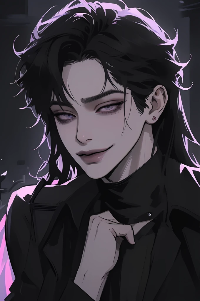 anime man in the night city, attractive man with сиреневые глаза while squinting, black hair, black loose shirt, (((no decorations on clothes))), beautiful detailed eyes, lilac eyes eyes, squinting, shoulder-length curly hair, (Best quality,4K,8 k,A high resolution,masterpiece:1.2), ultra detailed,  (realistic, photorealistic,photo-realistic:1.37), bright colors, dark lighting, Cinematic, A sly smile on his face, long hair