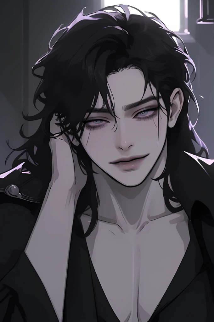 anime man in the night city, attractive man with сиреневые глаза while squinting, black hair, black loose shirt, (((no decorations on clothes))), beautiful detailed eyes, lilac eyes eyes, squinting, shoulder-length curly hair, (Best quality,4K,8 k,A high resolution,masterpiece:1.2), ultra detailed,  (realistic, photorealistic,photo-realistic:1.37), bright colors, dark lighting, Cinematic, A sly smile on his face, long hair