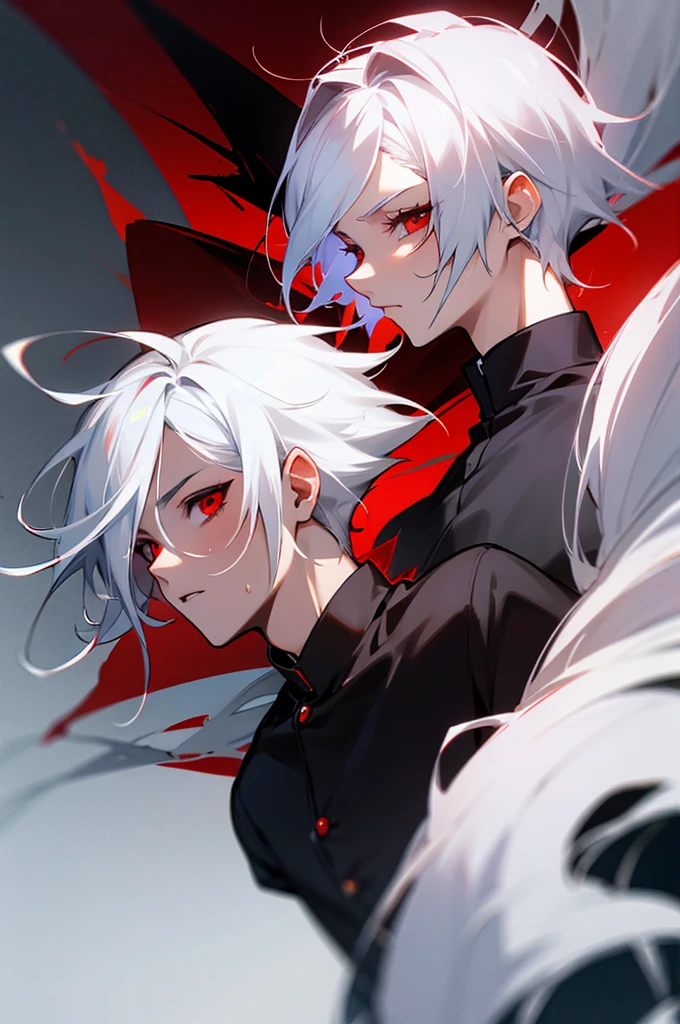 Boy with white hair combed to the side with red eyes