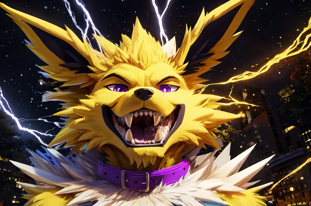 Macro Male Jolteon (pokemon) pred,  smug expression, big teeth, high contrast, 8k HD, detailed, hyper-detailed, furry vore, primary fur yellow, secondary fur white, purple eyes, purple collar, best quality, ultra high res