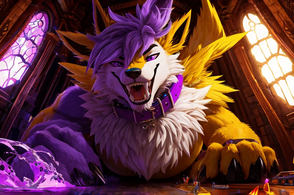 Macro Male Jolteon (pokemon) pred, smug expression, big teeth, high contrast, 8k HD, detailed, hyper-detailed, furry vore, primary fur yellow, secondary fur white, purple eyes, purple collar, best quality, ultra high res