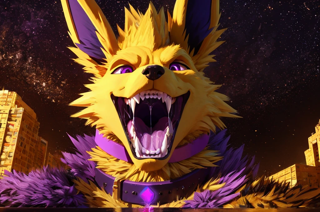 Macro Male Jolteon (pokemon) pred,  smug expression, big teeth, high contrast, 8k HD, detailed, hyper-detailed, furry vore, primary fur yellow, secondary fur white, purple eyes, purple collar, best quality, ultra high res