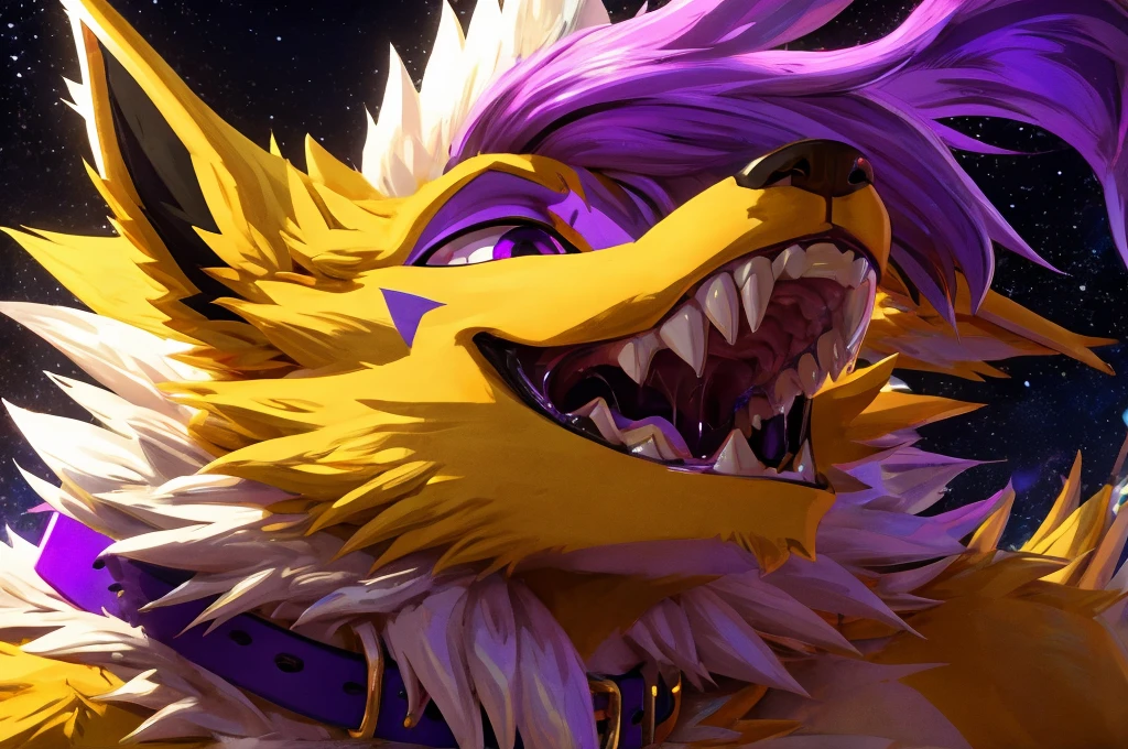 Macro Male Jolteon (pokemon) pred, smug expression, big teeth, high contrast, 8k HD, detailed, hyper-detailed, furry vore, primary fur yellow, secondary fur white, purple eyes, purple collar, best quality, ultra high res