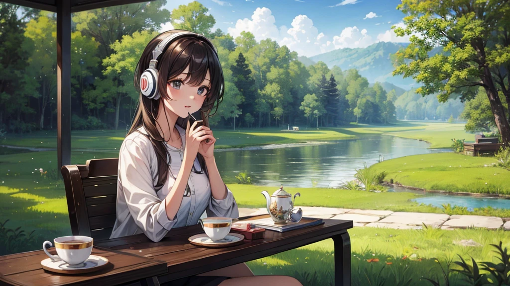 ((Highest quality、High resolution)),(Enjoying tea in the vast natural surroundings),(Woman wearing headphones),20-year-old,cute