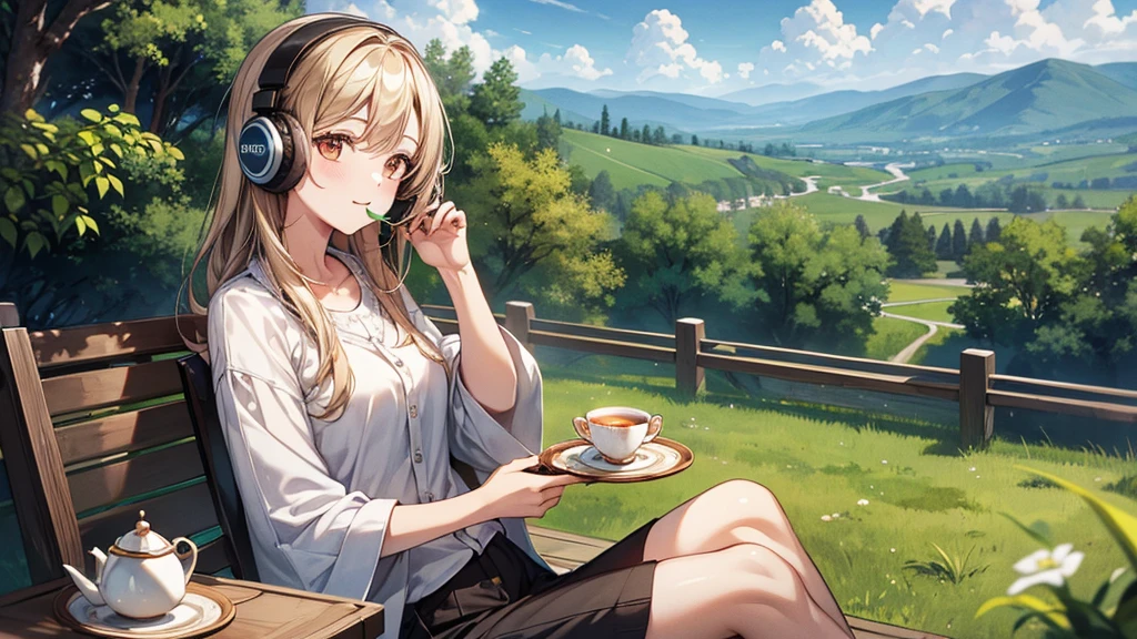 ((Highest quality、High resolution)),(Enjoying tea in the vast natural surroundings),(Woman wearing headphones),20-year-old,cute