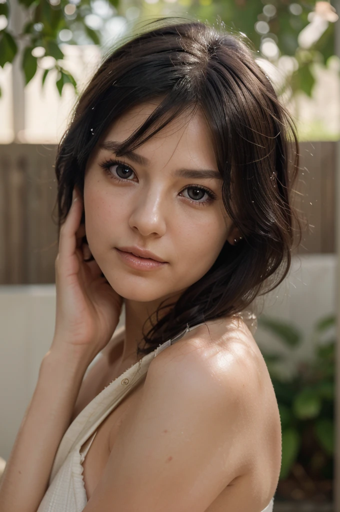 ((Top Quality, 8K, Masterpiece: 1.3)), Sharp Focus: 1.2, (Super Beautiful Face: 1.0), (Slender Abs Beauty: 1.0), (Shiny Skin: 1.0), Realistic Photography, Black Hair, Realistic Pupils, Video Lighting, High Definition Eyes and Face, Video Lighting, (Cowboy Shot: 1.3), (Japanese Cute Actress), in nature, naked, happy, head on
