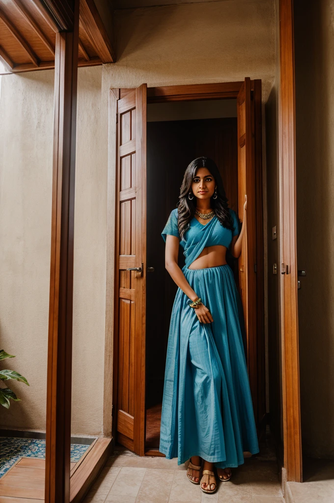 Women inside indian style washroom door open standing in blue gawn