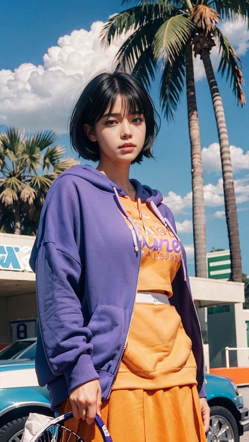 portrait of a 23 yo girl, (perfect natural breast) ,wear (((color orange oversized hoodie))), wear ((purple tennis skirt)),looking front,Best Quality,Masterpiece,Ultra High Resolution,(Realisticity:1.4),Original Photo, 1Girl, light leak,ultra high resolution,UHD,beautiful, (black bob hair), almond eye, no makeup, in front of ((80's gas station)), (realistic:1.2), (surreal:1.3), (very detailed:1.1), ((masterpiece)),summer, blue sky, palm trees,sunny, los angles vibes,film camera, 800mm lens,style of Philip Lorca diCorcia