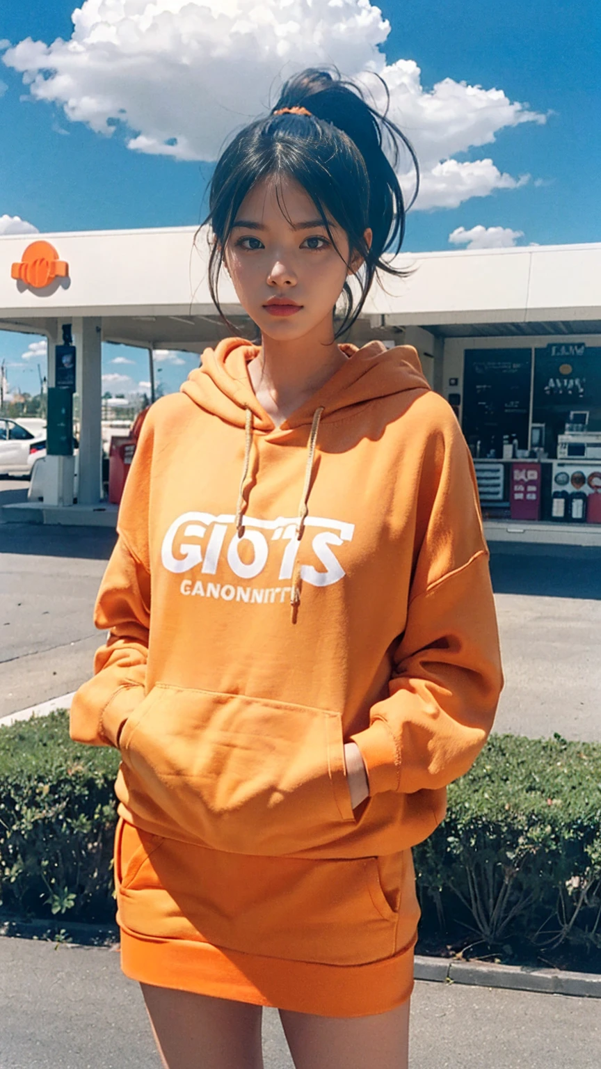 portrait of a 23 yo girl, (perfect natural breast) ,wear (((color orange oversized hoodie))), wear ((purple tennis skirt)),looking front,Best Quality,Masterpiece,Ultra High Resolution,(Realisticity:1.4),Original Photo, 1Girl, light leak,ultra high resolution,UHD,beautiful, (black bob hair), almond eye, no makeup, in front of ((80's gas station)), (realistic:1.2), (surreal:1.3), (very detailed:1.1), ((masterpiece)),summer, blue sky, palm trees,sunny, los angles vibes,film camera, 800mm lens,style of Philip Lorca diCorcia