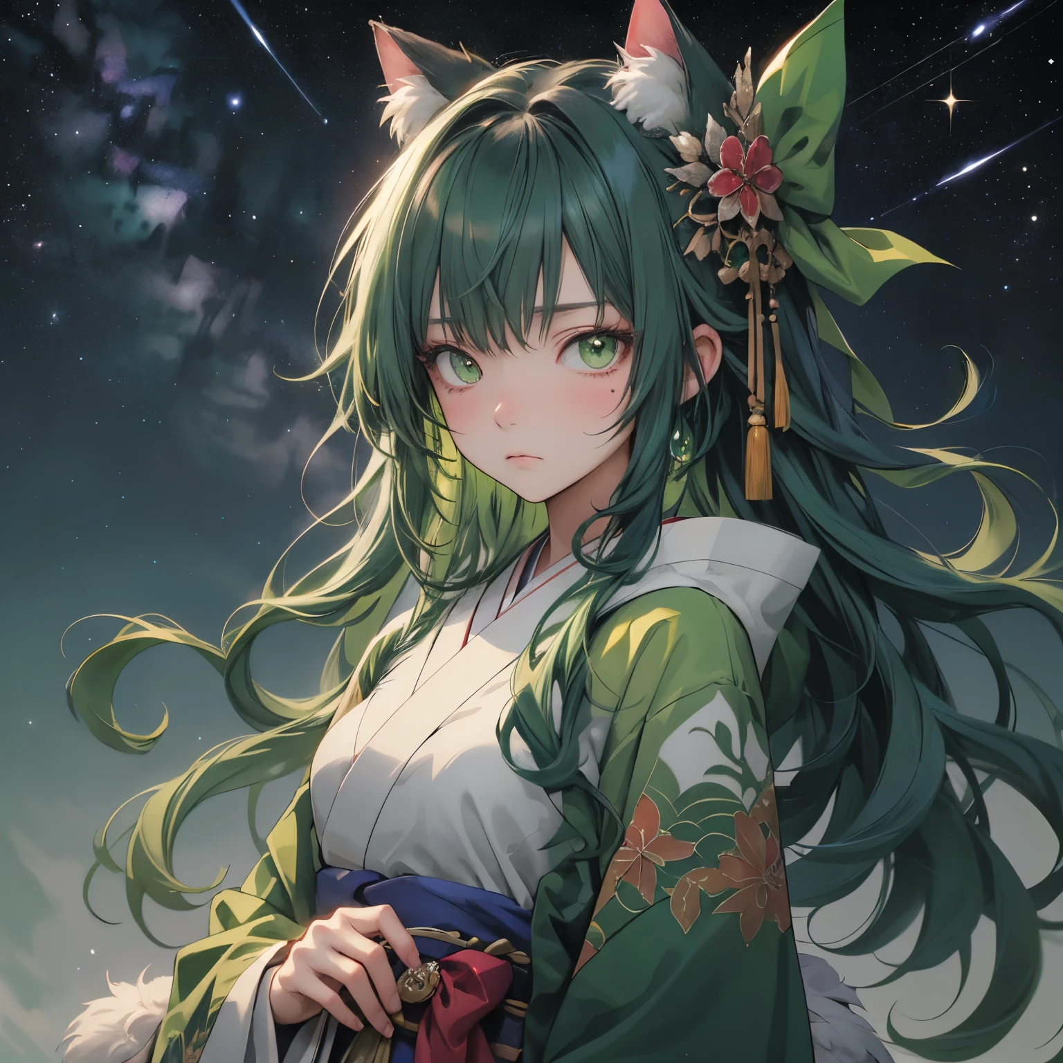(masterpiece), Highest quality, Ultra-high resolution,Cat with green ribbon、Green Hair、Green Eyes、Green clothes、(princess:1.3)、Feather coat、Tanabata、(milky way:1.3)、Gorgeous kimono、Hakama、Sad expression、Wish