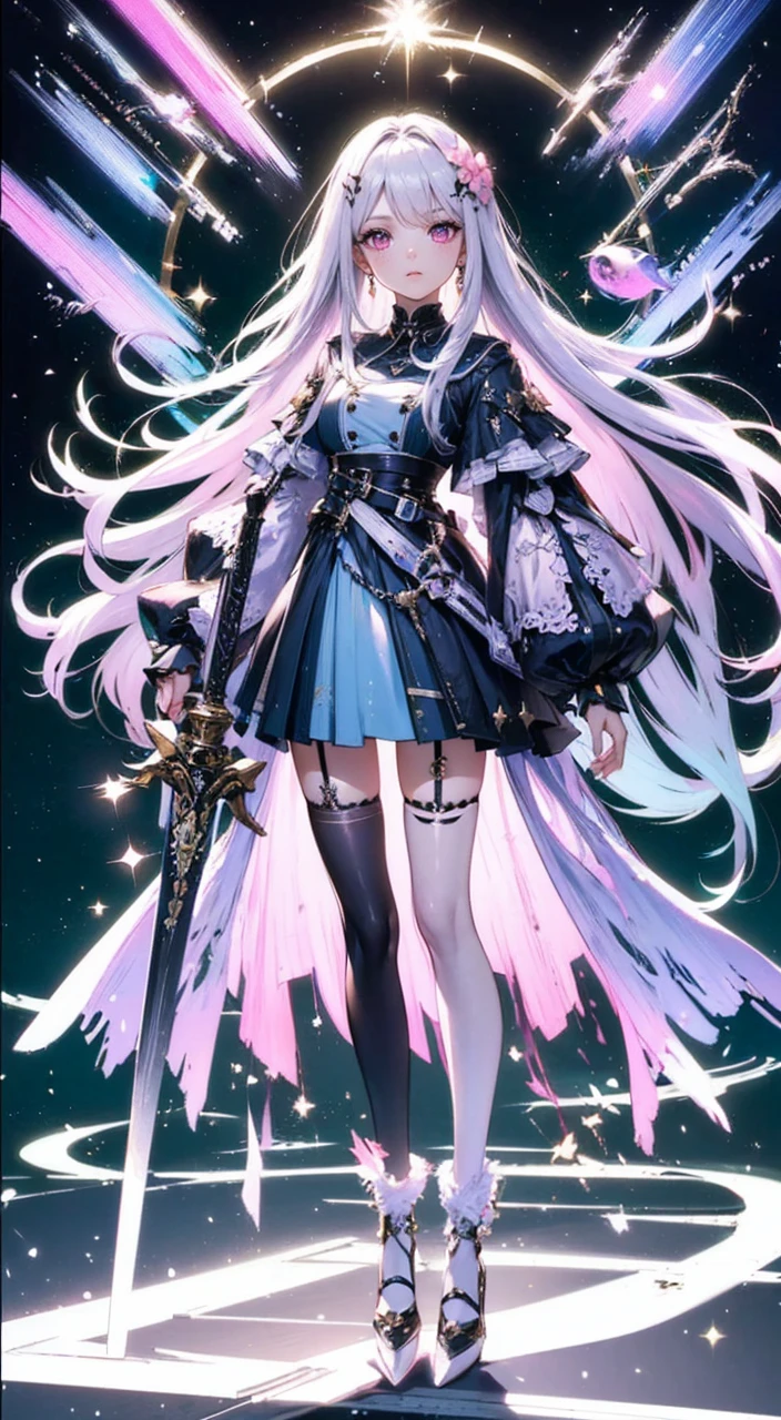 mirrornun, more prism, vibrant color,
silver
hair, shiny clothes, Detailed pink eyes, pink dress,
blue corset, futuristic weapon, shiny blue sword,
Sakura hair ornament, Sakuras on clothes, two different sized
socks, high heels, full body, Futuristic, very Detailed, (Face Detail Optimization: 1.5) (Masterpiece), (Advanced: 1.5), Top CG, Highest Quality, Right Proportions, Perfect Composition, High Quality Detail, Perfect Detail, (Super Detailed CG: 1.2), (8K: 1.2), Realistic, Octane