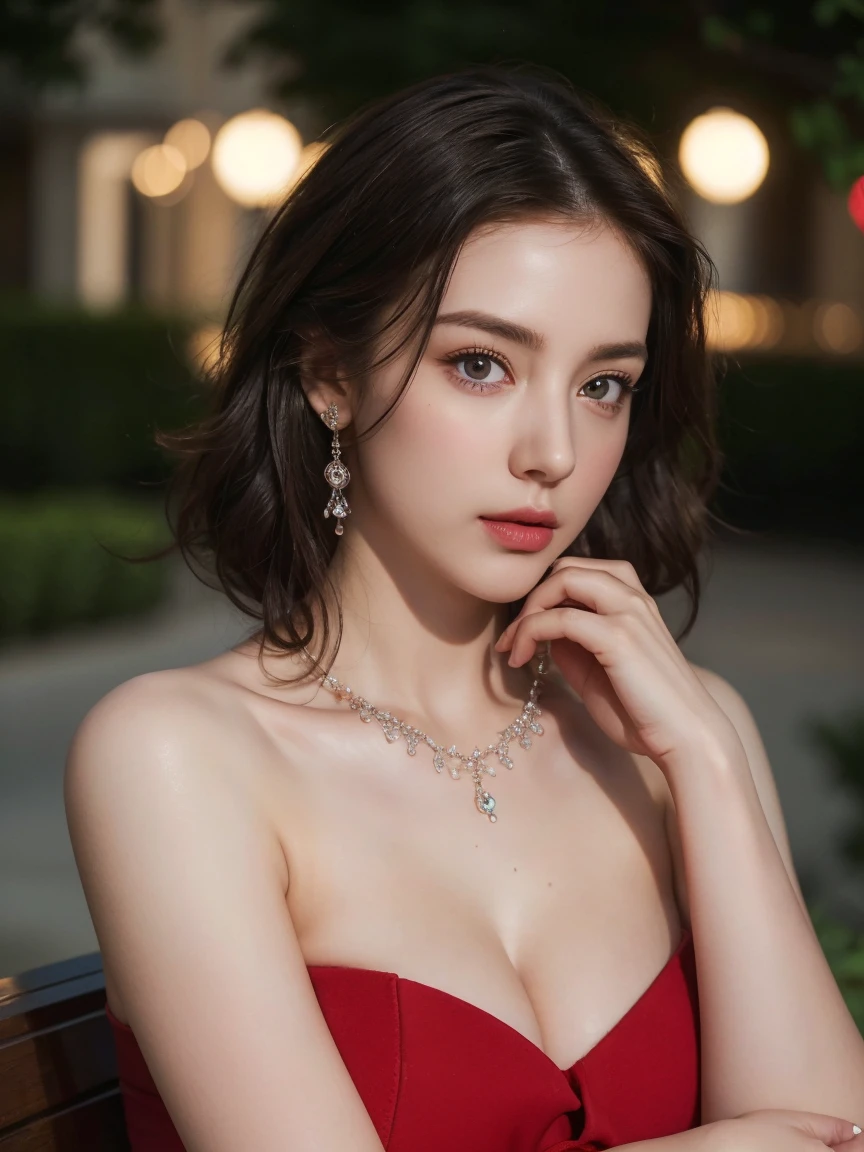 (8k, RAW photos, best quality, tmasterpiece:1.5), (realistic, photograph realistic:1.5), masterpiece, best quality, High detail, Best image quality, super detailed, high resolution, Very detailed, Best quality, Extreme detail description, hyperdetailed painting, (An extremely delicate and beautiful work), ((posing)), Beautiful detailed girl, Very detailed eyes and face, Beautiful detailed eyes, Masterpiece, fair skin, hazy beauty, very detailed facial, detailed skin structure, perfect anatomy, ((perfect body)), Beautiful detailed whole body, delicate face, exquisite body, fine collar bone, lovely lips, Behind the softness, ((slim waist)), ((big breasts)), big breasts beautiful, big breasts enchanting, (soulful eyes, glowing eyes, beautiful and clear eyes), (shiny curled short hair), (Enchanted expression), (Alluring), (seductive look), (charming), ((An extremely detailed and elegant red wool shirt)), head gear, highly detailed, curled hair, delicate necklace, Delicate earrings, view over park, the night, professional lighting, photon mapping, flower garden, physically-based rendering, ((the body from thighs up)), looking at viewer, full body, Indian ethnicity, Curly hair.