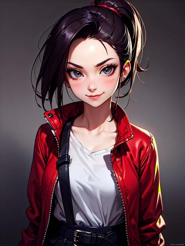 ((Portrait)), She has a Mischievous and Slim Appearance, with a Childlike Charm, Fair Skin and a Small Build. She Expresses a Playful and Smug Look, Giving Off an Immature and Cheerful Attitude. She has Light Gray Eyes, and Her Hair is Short and Tousled, Jet Black, Tied in Short Ponytail, with Bare Forehead. She Wears a Oversized, Dark Red Bomber-Style Jacket, with Straps Around Her Waist. ((Portrait, HDR, Dark Background))