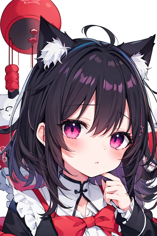 （eyeの焦点,face,close:0.5）,blush,（Expressionless:0.7）,One girl,前hair,Tilt your head,From above,whole body,black_hair,Cat ear（white）,Cat&#39;s Tail（white）,Frilled Chalk,Long skirt_dress,（Small Tits）,pink_eye,My Room,Heart Background