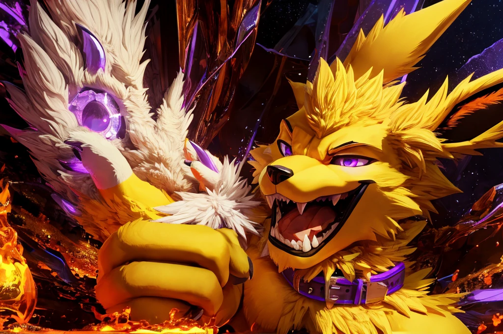 Macro Male Jolteon (pokemon) pred, smug expression, big teeth, high contrast, 8k HD, detailed, hyper-detailed, furry vore, primary fur yellow, secondary fur white, purple eyes, purple collar, best quality, ultra high res