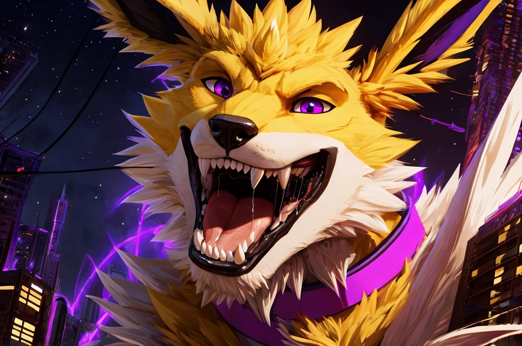 Macro Male Jolteon (pokemon) pred, smug expression, big teeth, high contrast, 8k HD, detailed, hyper-detailed, furry vore, primary fur yellow, secondary fur white, purple eyes, purple collar, best quality, ultra high res