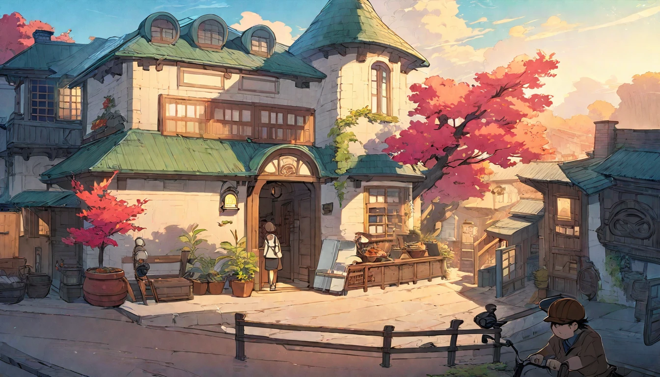 Anime style illustration of a small town with a motorbike and a man riding it, Anime scenery concept art, Ghibli Studio Anime Style, Ghibli Studio Style, By Akihiko Yoshida, Painted in an anime artist&#39;s studio, studio ghibli environment, studio Ghibli art style, studio ghibli scheme, Ghibli art style, Studio Ghibli's smooth concept art, ghibli studio art, Anime Background Art