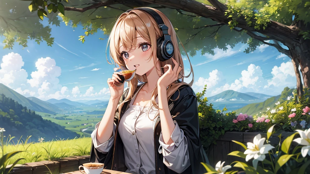 ((Highest quality、High resolution)),(Enjoying tea in the vast natural surroundings),(Woman wearing headphones),20-year-old,cute