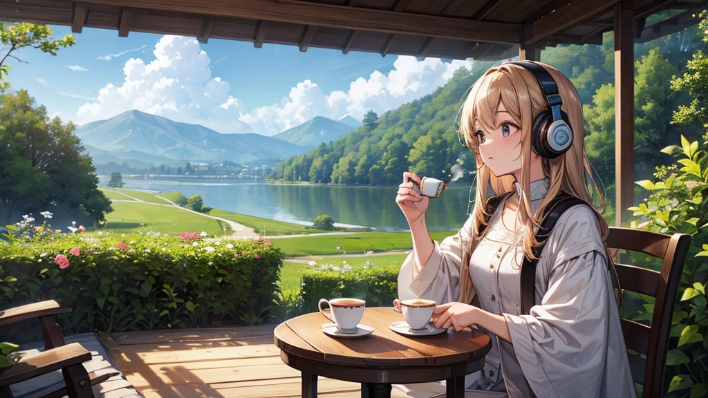 ((Highest quality、High resolution)),(Enjoying tea in the vast natural surroundings),(Woman wearing headphones),20-year-old,cute