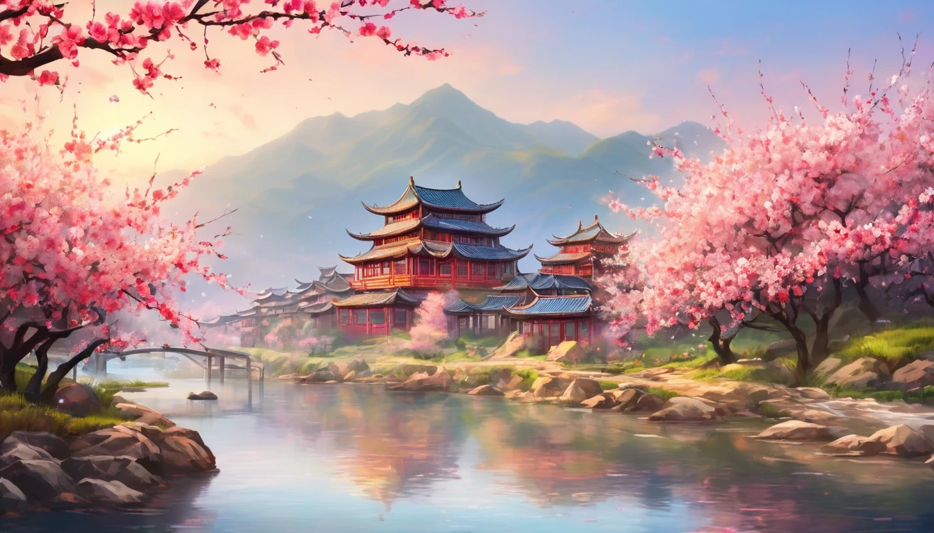 Peach trees blooming along the river, Chinese style, Peach blossoms are scattered in the center of the screen., Distant view ((background:1.8))