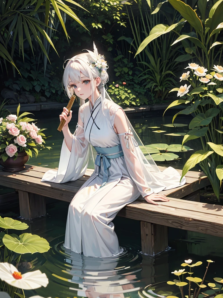 Two-dimensional, antique style, spring garden, outdoor, white hair, Hanfu, nature, There is a pond in the middle of the courtyard., Begonia floating on the pond, A girl sits on a bench in the corridor., Wear a transparent feather robe., holding a bamboo flute, Random body posture, complicated details, best quality, Ray tracing, Display, 8K, Masterpiece