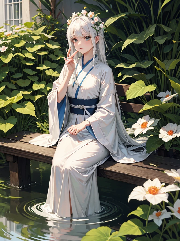 Two-dimensional, antique style, spring garden, outdoor, white hair, Hanfu, nature, There is a pond in the middle of the courtyard., Begonia floating on the pond, A girl sits on a bench in the corridor., Wear a transparent feather robe., holding a bamboo flute, Random body posture, complicated details, best quality, Ray tracing, Display, 8K, Masterpiece