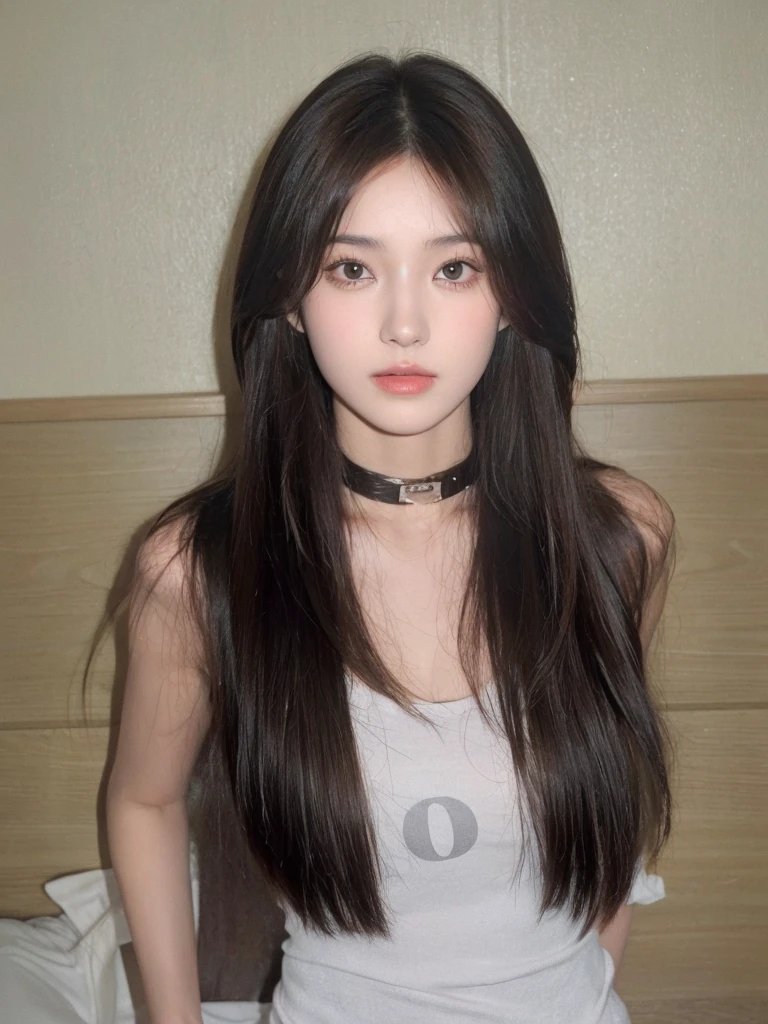 Long straight hair with bangs，Long straight cold brown hair，Same hair color，Natural and beautiful hair，The background is simple, clean and pure