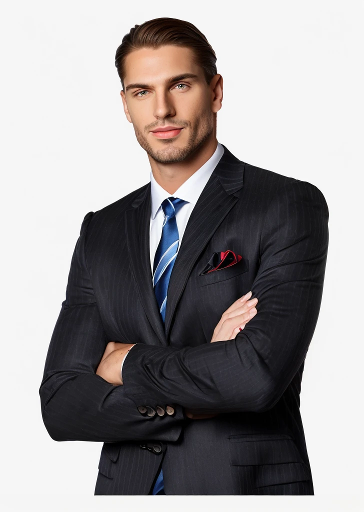 A man in a suit and tie stands with his arms crossed., Handsome and elegant, handsome man, Kaisa Salem, Official Photos, Handsome and charming, promotional pictures, Pose in style, handsome man, doing a graceful pose