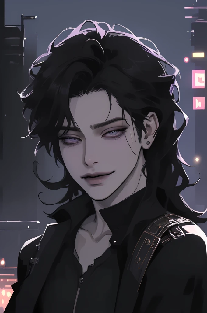 anime man in the night city, attractive man with сиреневые глаза while squinting, black hair, black loose shirt, Military boots, (((no decorations on clothes))), beautiful detailed eyes, lilac eyes eyes, squinting, shoulder-length curly hair, (Best quality,4K,8 k,A high resolution,masterpiece:1.2), ultra detailed, bright colors, dark lighting, Cinematic, A sly smile on his face, long hair, (((modern clothes))), cyberpunk clothes