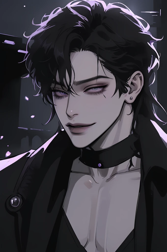 anime man in the night city, attractive man with сиреневые глаза while squinting, black hair, black loose shirt, (((no decorations on clothes))), beautiful detailed eyes, lilac eyes eyes, squinting, shoulder-length curly hair, (Best quality,4K,8 k,A high resolution,masterpiece:1.2), ultra detailed,  (realistic, photorealistic,photo-realistic:1.37), bright colors, dark lighting, Cinematic, A sly smile on his face, long hair, full length