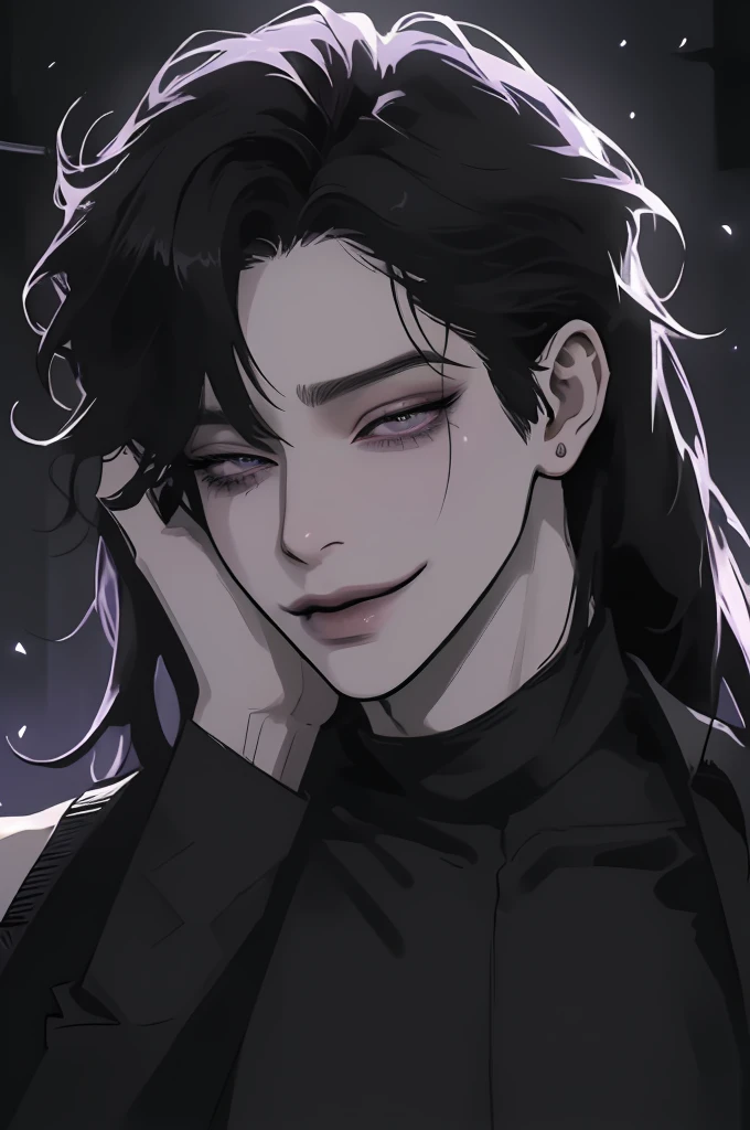 anime man in the night city, attractive man with сиреневые глаза while squinting, black hair, black loose shirt, (((no decorations on clothes))), beautiful detailed eyes, lilac eyes eyes, squinting, shoulder-length curly hair, (Best quality,4K,8 k,A high resolution,masterpiece:1.2), ultra detailed,  (realistic, photorealistic,photo-realistic:1.37), bright colors, dark lighting, Cinematic, A sly smile on his face, long hair, full length