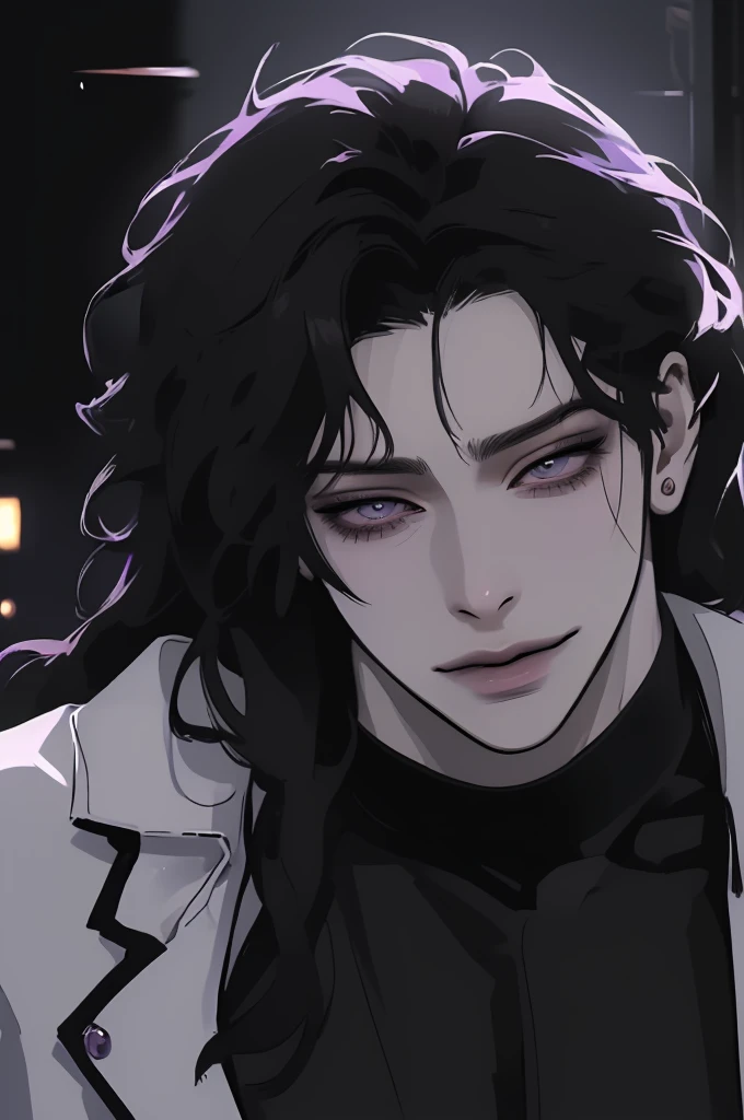 anime man in the night city, attractive man with сиреневые глаза while squinting, black hair, black loose shirt, (((no decorations on clothes))), beautiful detailed eyes, lilac eyes eyes, squinting, shoulder-length curly hair, (Best quality,4K,8 k,A high resolution,masterpiece:1.2), ultra detailed,  (realistic, photorealistic,photo-realistic:1.37), bright colors, dark lighting, Cinematic, A sly smile on his face, long hair, full length