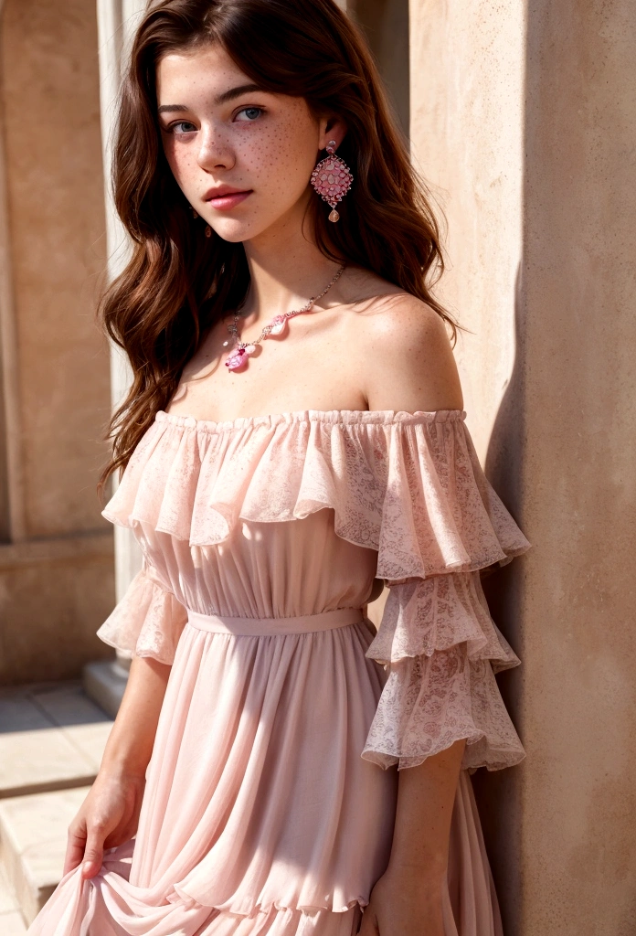 Masterpiece of allure, (-yeld:1. mary elizabeth winstead, (freckles on cheeks, medium-length flowing dark-brown hair:1.2), (small breasts), (wearing pink chiffon white layered silk dress,off-the-shoulder 1.2), necklace and earrings, revealed in a sensual moment, photorealistic, full body, ballroom by marble stairs, a captivating smile lingers at the corner of her lips, ultra-high-resolution, film stock photography, F2.8 lenses, vibrant colors, realistic, under the clear, sun-kissed sky, by a renowned artist.