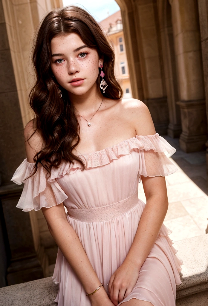 Masterpiece of allure, (16-year-old:1.2), mary elizabeth winstead, (freckles on cheeks, medium-length flowing dark-brown hair:1.2), (small breasts), (wearing pink chiffon white layered silk dress,off-the-shoulder 1.2), necklace and earrings, revealed in a sensual moment, photorealistic, full body, ballroom by marble stairs, a captivating smile lingers at the corner of her lips, ultra-high-resolution, film stock photography, F2.8 lenses, vibrant colors, realistic, under the clear, sun-kissed sky, by a renowned artist.