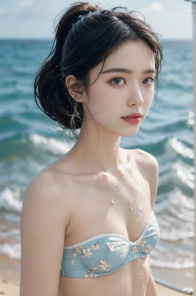 "(((best quality))), (((ultra detailed))), (((masterpiece))), illustration,((1 beautiful young girl,solo)),((slim,thin)),(strapless vibrant floral bra:1.3),((small breasts,flat chest)),(short ponytail:1.2),((shiny skin,sweat,wet)),seaside, summer, joyful, playful, physical features, smooth fair skin, gentle sea breeze, endless azure sky, picturesque backdrop, whiteness of sand, deep blues of the sea, waves crashing, internal turmoil, transformation, standing on the cusp of womanhood, confidence, sexuality, metaphorical plunge, next chapter of life,significance of the moment, beauty of the seaside, celebration of youth, excitement of summer ahead,((from front,close-up of face))