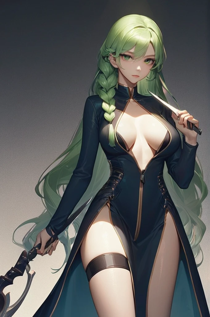 ((Лучшее качество)), ((шедевр)), (подробный), /genpro 1girl, braid, breasts, breasts apart, center opening, cleavage, green eyes, green hair, holding, jewelry, knife, large breasts, long hair, single braid, solo, thigh strap, unzipped, very long hair, weapon, zipper