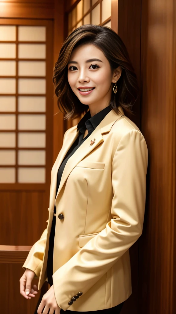 ((highest quality、table top、8K、best image quality))、1 female lawyer、she is standing at the entrance、elegant posture、short hair、straight hair、formal jacket、formal blouse、formal pants、Perfect lawyer badge on the chest、Accurately depicts a real lawyer badge、In the background, a person stands at the entrance of a high-class law firm..、Take a photo from the waist up、upper body photo、perfect law firm entrance、The entrance hall is decorated with wood grain tones.、Incorporate real stones and mirrors as accents、Japanese style and luxurious、chic and modern space、Set up a grid、Dig a part of the floor and lay gravel、Luxurious Japanese atmosphere、lighting embedded in the ceiling、warm and elegant lighting、perfect anatomy、Look at me with a big smile、large white teeth